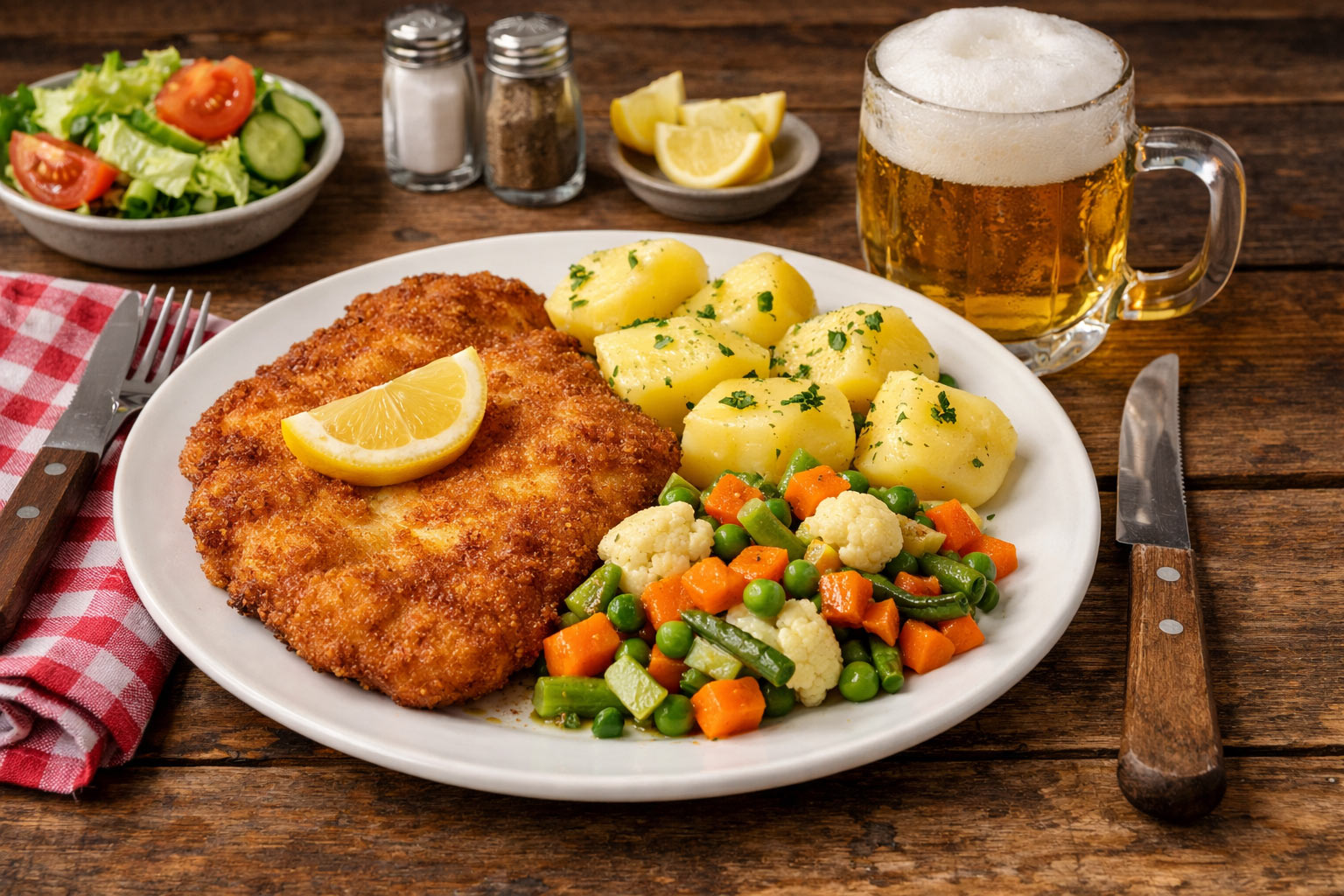 Restaurant "Leckerchen" - Unsere Spezialität: Gutes, deutsches Essen; Schnitzel mit Salzkartoffeln und Mischgemüse dazu ein Salat und Bier; Holztisch mit Teller und Besteck
