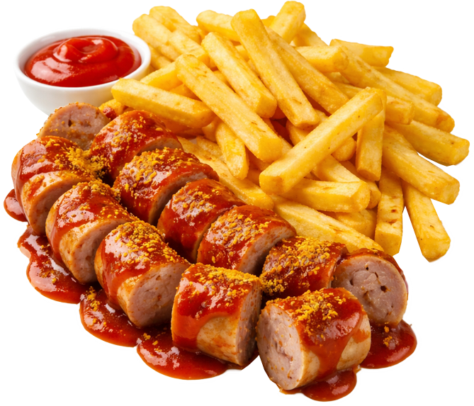 Restaurant "Leckerchen" - Unsere Spezialität: Gutes, deutsches Essen; Currywurst mit Pommes