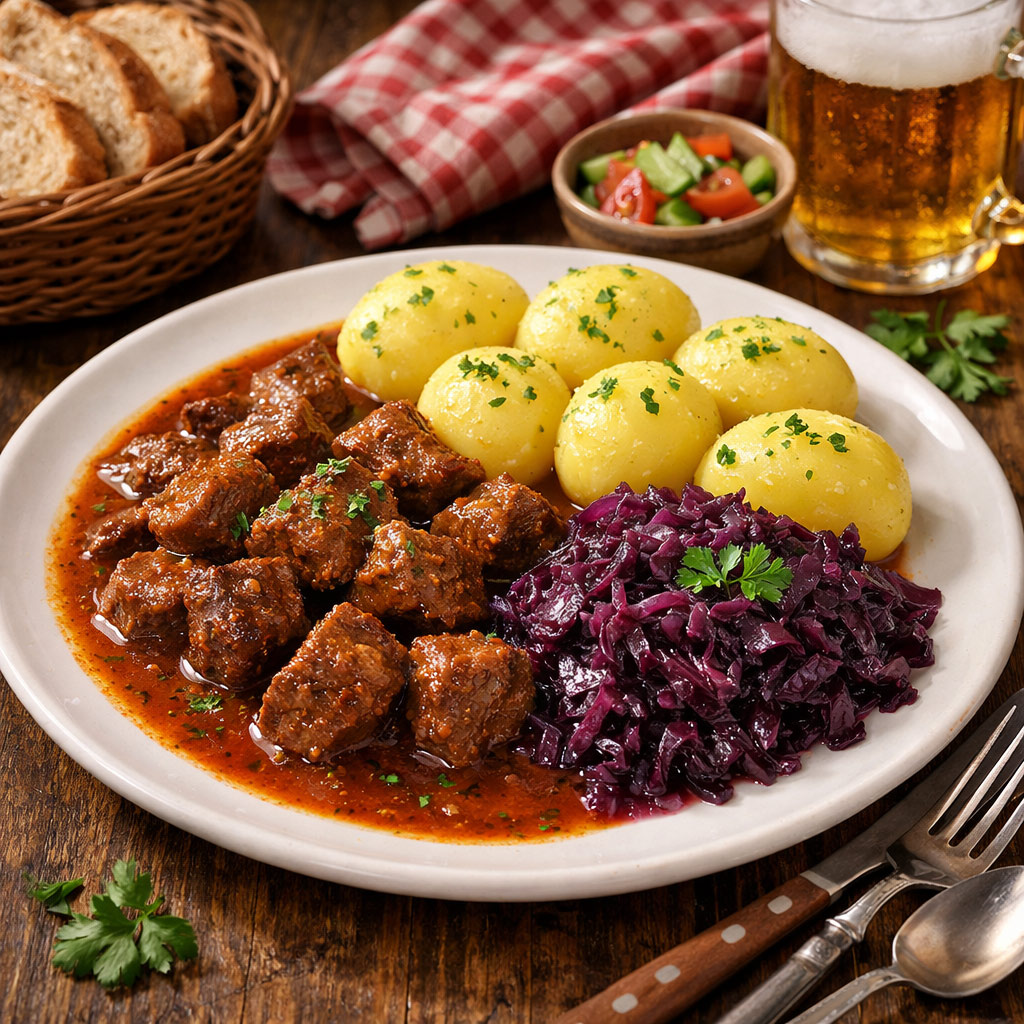 Restaurant "Leckerchen" - Unsere Spezialität: Gutes, deutsches Essen; Gulasch mit Rotkohl und Salzkartoffeln dazu ein kleiner Salat und Bier; Holztisch mit Teller und Besteck und Kräuter