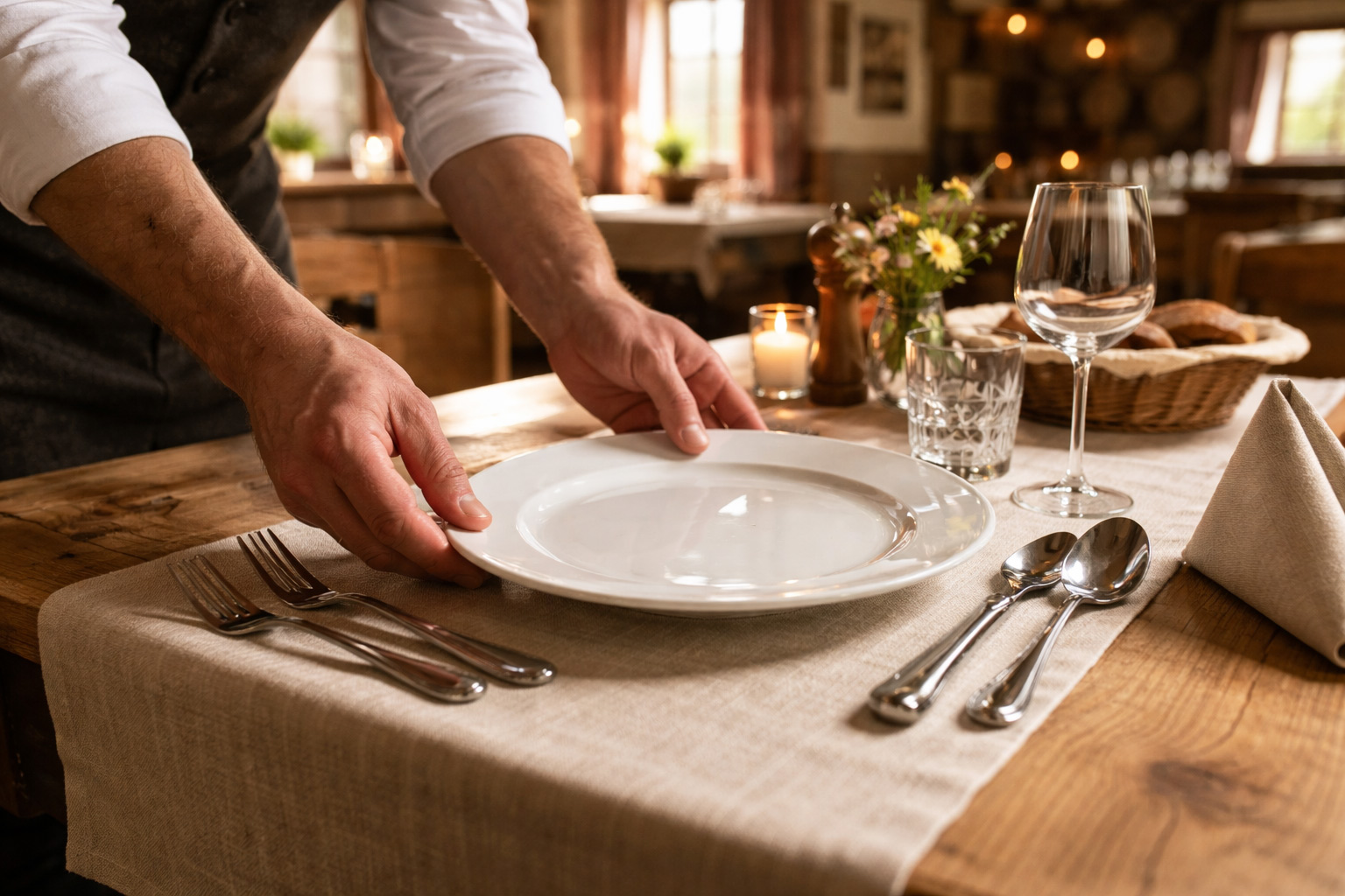 Restaurant "Leckerchen" - Herzlicher Service: Schnell. Freundlich. Gut.; Tisch decken, Servieren, Teller und Besteck, Holztisch, Gläser; rustikale Atmosphäre